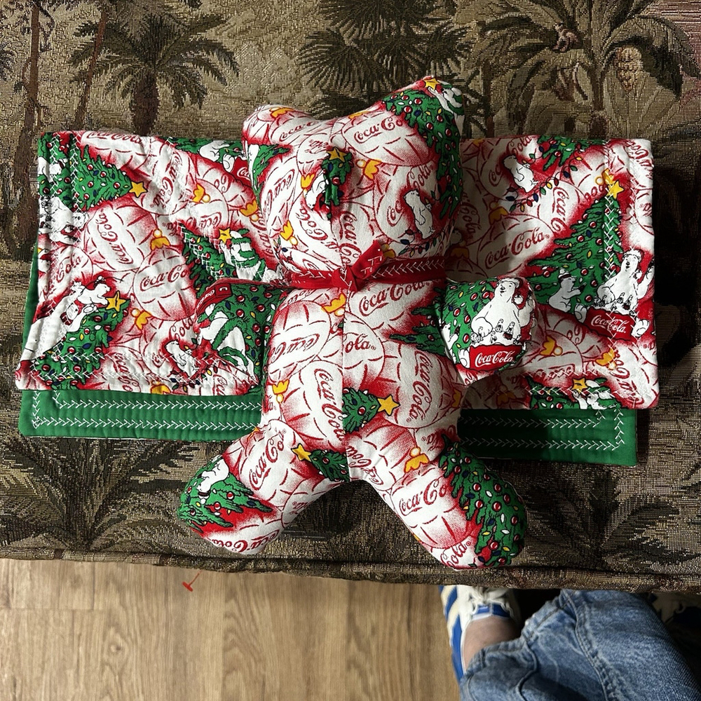Handmade Coca-Cola Christmas Bear & Quilt Set 10” Plush Vintage Holiday Decor